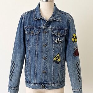 Rebel Star Denim Jacket Mens Medium Blue Distressed Patchwork Graphic Streetwear